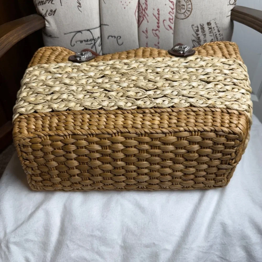 Brighton Straw Tote Bag Woven Heart Leather Trim Leopard Lining Brown Cream